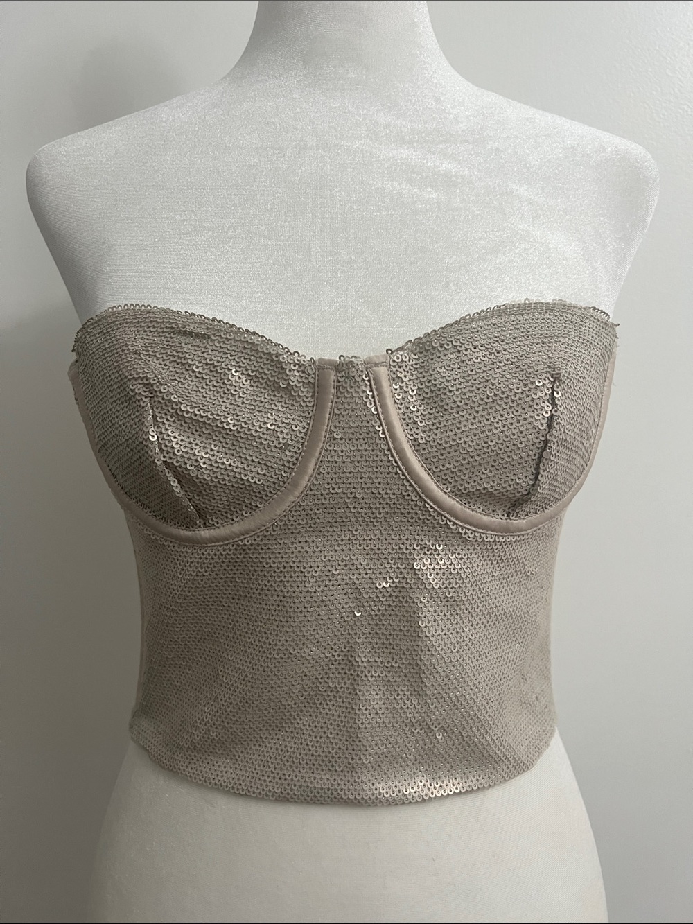 Zara Sequined Strapless Bustier Top in Taupe